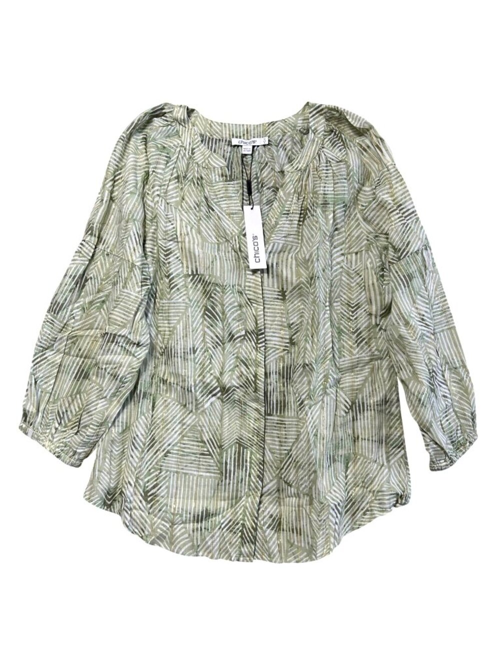 Chicos Women's Sz S Green Gold-Accented Billow Sleeve Blouse Tropical Print